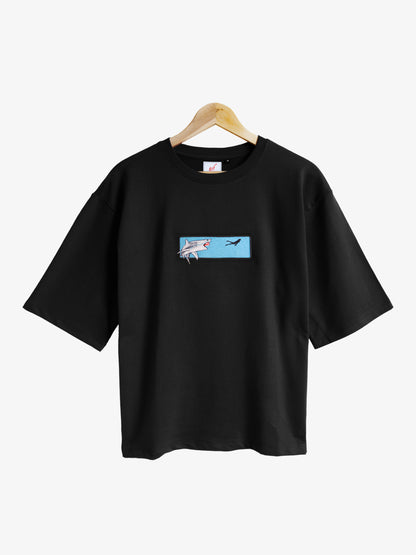 Shark Chasing Human Embroidered T-shirt (Oversized)